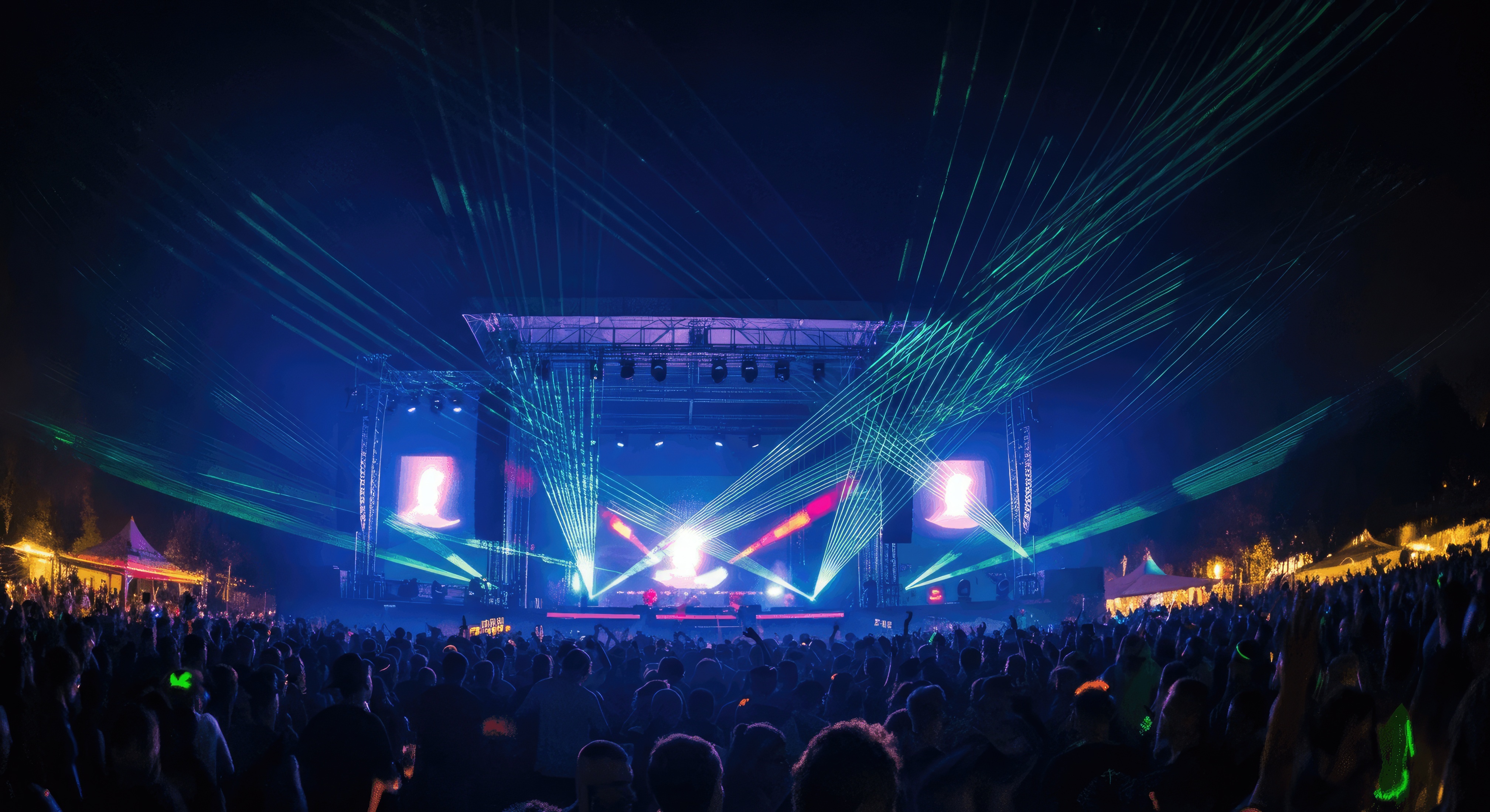 Night concert with crowd and colorful laser lights illuminating stage